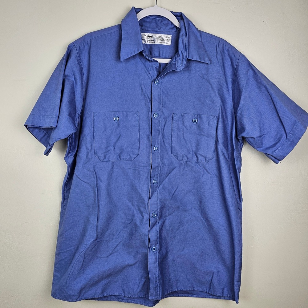 UniFirst Work Shirt Men 16.5 Blue Short Sleeve Button Up 100% Cotton Uniform